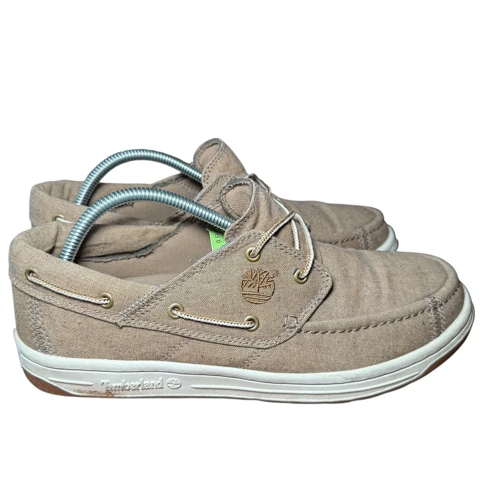 Timberland Boat Shoes Men's 9.5 Canvas Moc Toe Slip On Loafers Beige 56286